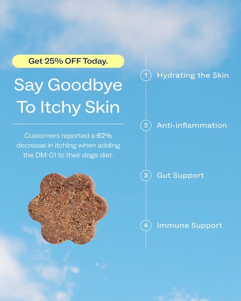 A clean, list-based 4:5 vertical ad showcasing product benefits and customer results for an anti-itch dog treat.